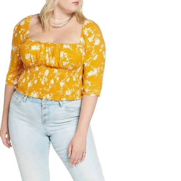 bp Tops - NWT BP X Claudia Sulewski Yellow Print Square Neck Smocked Top Large